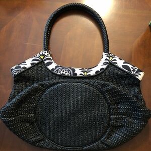 Vera Bradley Straw Bucket Tote in the Fanfare Black & White with Braided Handle